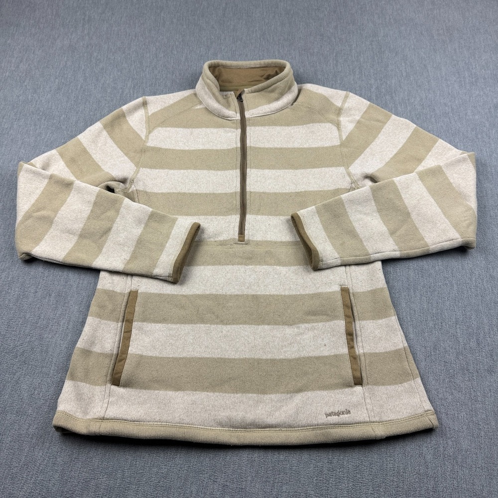 Patagonia Women's Beige and Cream Striped Half-Zip Sweater